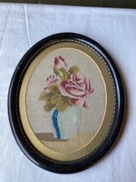 Antique needle tapestry still life in oval frame 33x27 cm.