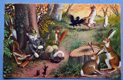Régi humoros  grafikus cicás  képeslap  -  alvó vadász cica az erdőben