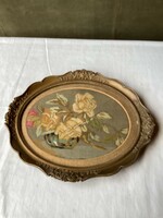 Antique needle tapestry still life in oval frame 36x30 cm.