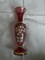 Bohemian Czechoslovak glass vase decorated with plastic flowers.