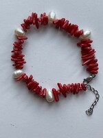 Real coral bracelet with real pearls and silver clasp.