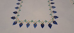 Old embroidered linen tablecloth, gentian runner (m4405)