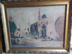 István Bácskay: Tunisian street oil canvas painting, flawless, marked, 94 x 74 cm
