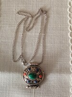 Silver or silver-plated, semi-precious stones - coral, malachite, lapis lazuli - pendant with chain