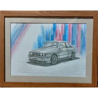 BMW E30/M3 ceruza rajz, pasztell háttérrel