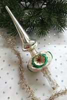 Régi festett üveg reflexes karácsonyfa dísz csúcsdísz 21cm