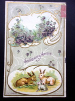 Antik dombornyomott húsvéti, nyuszis képeslap üdvözlőlap