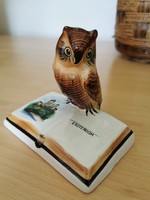Bodrogkeresztúr porcelain figurine, owl lathe on visual book