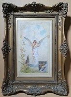 Az angyal csókja - remekmű akvarell blondel keretben, régi kép