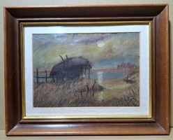 Sunset on the waterfront (framed pastel) - signed, lush ... ? With signal