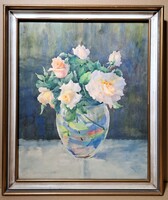 Rohonczy Ilona: Virágcsendélet rózsákkal, 1960 (akvarell keretben) női festő