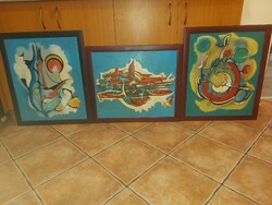 3 abstract paintings, oil, wood fiber, 60x50/67x57 cm