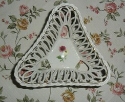 Triangular, gilded, openwork pattern, Romanian porcelain bowl. 13 X 13x 13x 6 cm