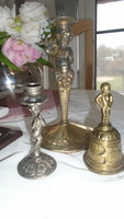 Antique putto objects consisting of three pieces together with 2 candle holders and 1 bell