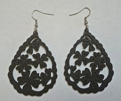 Natural wooden earrings with openwork flower patterns, dark brown