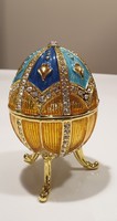 Faberge típusú zománcozott, aranyozott zenélő tojás, ékszertartó