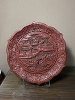 Antique Chinese cinnabar lacquer plate, oriental