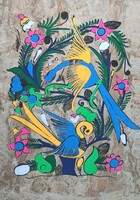 Mexican folk art painting on special paper 1. - Bird, plant, folk representation