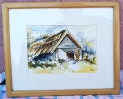 Thatched farmhouse with wheelbarrow, framed watercolor painting. The work of contemporary painter Ernő Bíró