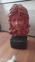 Szecessziós stílusú büszt, súlyos terrakotta színű, gyönyörű art deco stílusú női fej