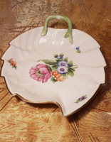 Herend large, leaf-shaped porcelain offering, with beautiful flowers, special