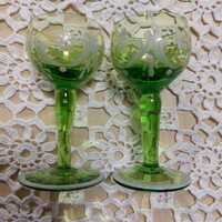 2 green, old hand-painted glass brandy and cognac glasses with flower decoration
