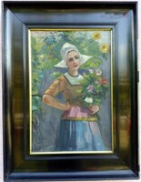 Hölgy csokorral biedermeier stílusú keretezett antik festmény Nyíry Tamás szignóval