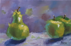 Galina Antiipina: pear and apple, oil painting, canvas, painter's knife, 20x30cm