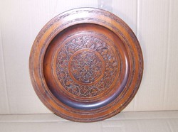 Large finely carved copper inlaid wooden wall plate wall decoration 40cm