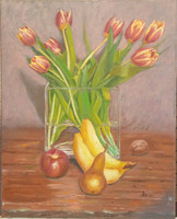 Antiipina galina: still life with tulips. Oil painting, canvas. 50X40cm