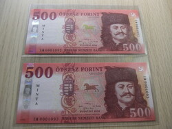 500 Forint MINTA  Bankjegy 2022 Sorszámkövető 2 db párban  Új és Hajtatlan