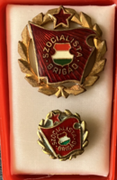 Aranykoszorús Szocialista Brigád kitüntetés miniatűrrel dobozában