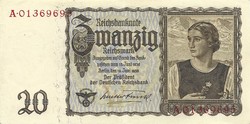 20 reichsmark horogkeresztes 1939 Németország 1. Gyönyörű sorszám. 01369695
