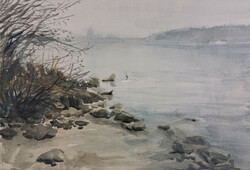 Bálinth Tibor : Duna-part  ( akvarell 32cm x 22cm papír 200 grammos)   Tájkép visszafogott színekkel