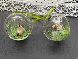 Easter, spring hanging glass ornaments with lamb and hen