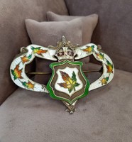 Antique gold-plated silver brooch with fire enamel decoration