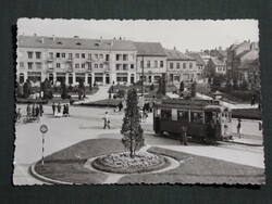 Postcard, Szombathely, republic square, portrait, tram stop