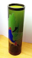 Tin-rimmed glass vase with enamel painted bird of paradise, it can be a decoration of your showcase, a retro decoration