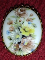 Vintage régi retró női kitűző pin bross réz porcelán virág 1960as évekből