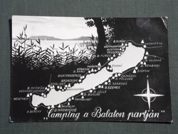 Postcard, camping campsites on the shores of Balaton, with graphic map