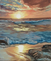 Antiipina galina: sunset on the sea, oil painting, canvas, painter's knife, 30x25cm