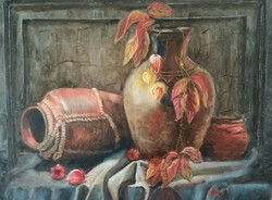 Antiipina galina: still life with jugs. Oil painting, canvas. 40X50cm