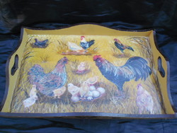 Old, wooden, breakfast/serving tray, with poultry yard motifs, tulip handle