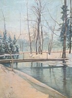 Téli erdei tájkép (olaj, vászon) jelzés nélkül - híd a folyón