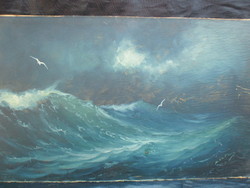 Szignós festmény.  "Viharos tenger" című alkotása, 1925-ből. Olaj-karton, keret nélkül.