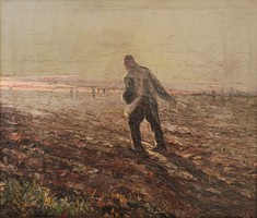 László Pataky (1857-1912)? : Morning sowing. Oil painting.