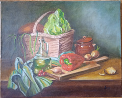 Antiipina galina: still life with salad and peppers. Oil painting, canvas. 40X50cm