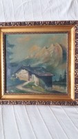 Antique painting old house in alpine landscape framed oil on canvas painting, flawless 54 cm