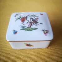 ELSŐ OSZTÁLYÚ MADARAS, PILLANGÓS FEDELES DOBOZ HERENDI PORCELÁN BONBONIER ÉKSZERTARTÓ