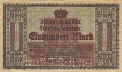 100 márka 1918.10.15.. Németország Braunschweig Nicht Gültig perforáció
